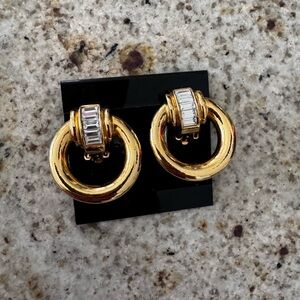 Vintage Gold Hoop Drop clip on Earrings with Clear Baguette Accents